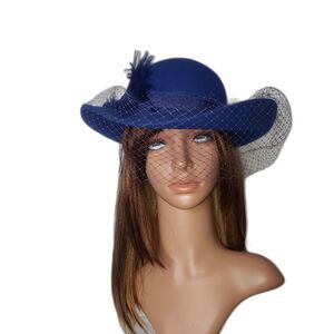 Vintage Michael Howard Hat Wool Wide Brim Feather Veil Womens Blue 80s
